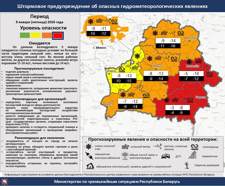 Красный уровень опасности: в Беларуси 9 января ожидаются сильные снегопады и метели